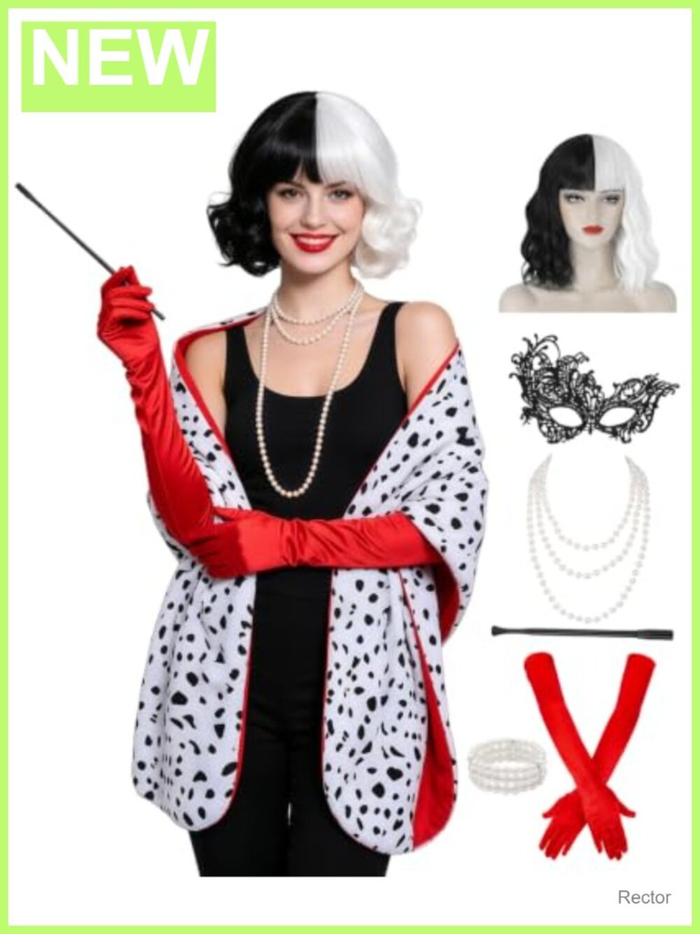 Women's Velvet Cruella Costume Accessory Set with Wig & Shawl